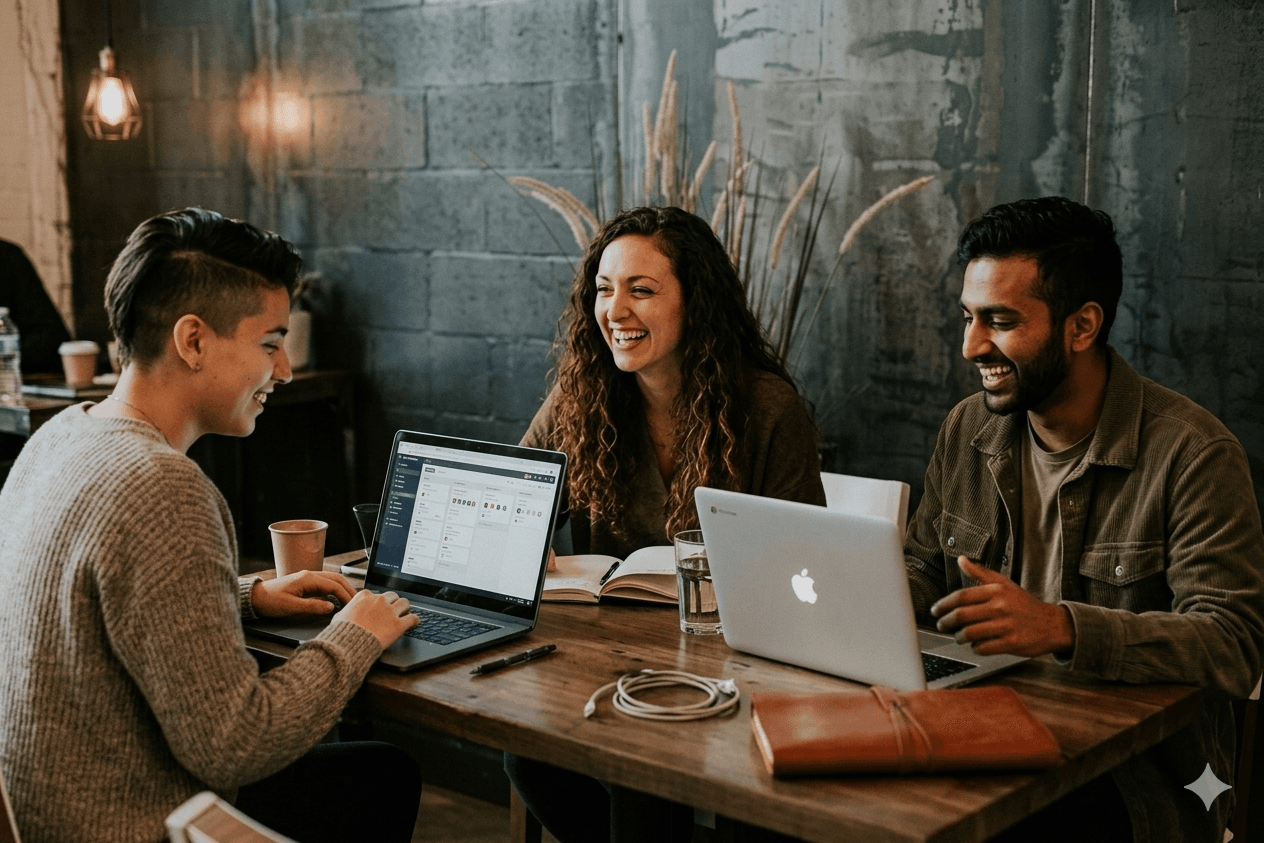 Student researching online degree programmes in a coworking space